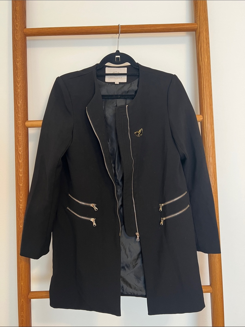 Vera & Lucy Black Collarless Zip Front Long Moto Coat Jacket - Size S